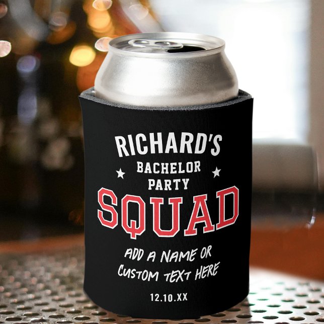 Personalised Bachelor Party Squad Red Black Can Cooler (Creator Uploaded)