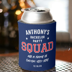 Personalised Bachelor Party Squad Red Navy Can Cooler