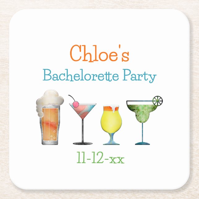 Personalised Bachelorette Party Name Date  Square Paper Coaster (Front)