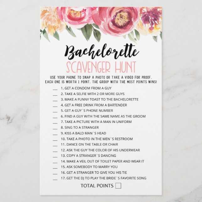 Personalised Bachelorette Scavenger Hunt game (Front)