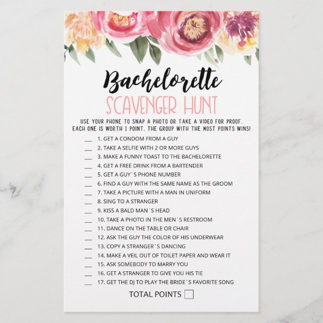 Personalised Bachelorette Scavenger Hunt game (Front)