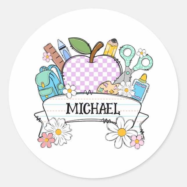 Personalised Back-to-School Supplies with Apple 2 Classic Round Sticker (Front)
