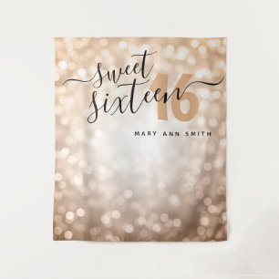 Personalised Backdrop Rose Gold Lights Sweet 16 Tapestry