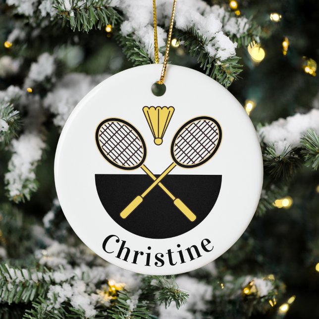 Personalised Badminton Rackets & Bird Yellow Black Ceramic Ornament (Creator Uploaded)