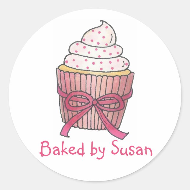 Personalised Baked By Baking Pink Cupcake Cake Classic Round Sticker (Front)