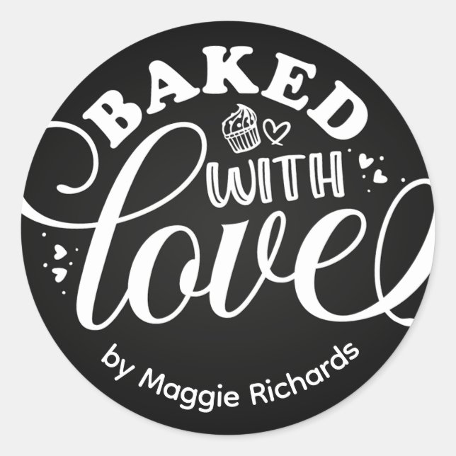 Personalised Baked With Love Black Baking Classic Round Sticker (Front)