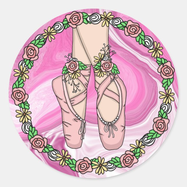 Personalised Ballet Slippers Pink and White Marble Classic Round Sticker (Front)