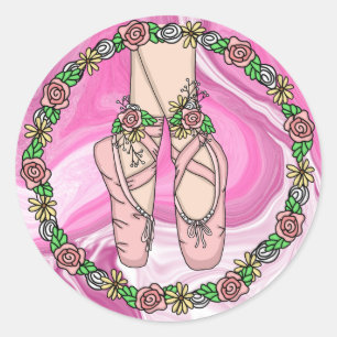 Personalised Ballet Slippers Pink and White Marble Classic Round Sticker