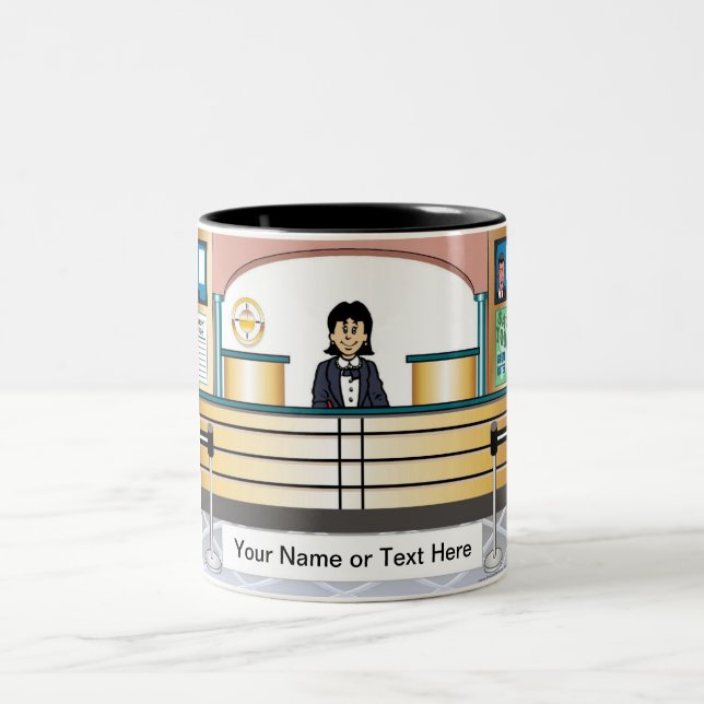 Personalised Bank Teller - Female Cartoon Two-Tone Coffee Mug (Center)