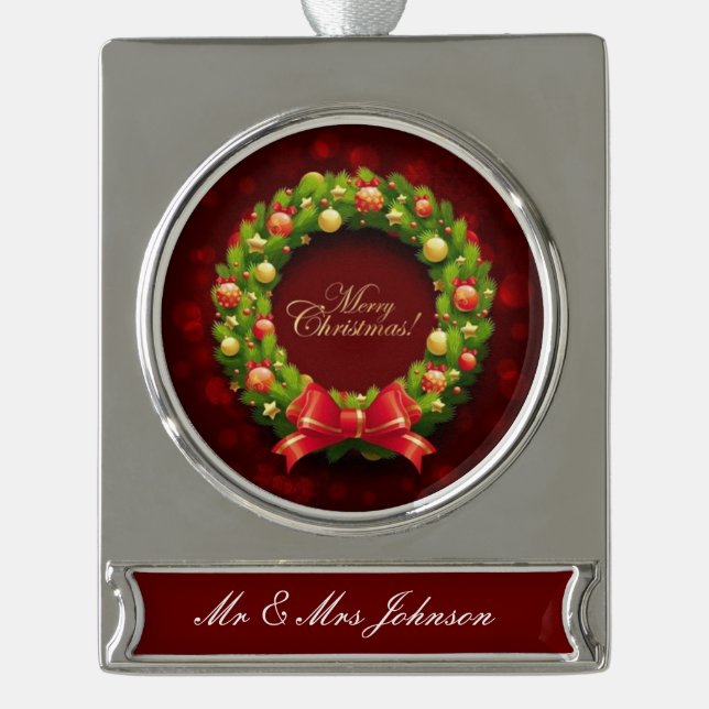 Personalised Banner Ornament Silver Plated/Wreath (Front)