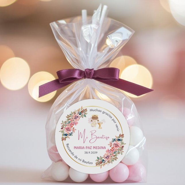 Personalised Baptism and Favours Gifts Pink Flower Classic Round Sticker (Creator Uploaded)