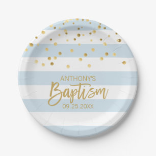 Personalised Baptism BOY Blue Gold Stripes Paper Plate