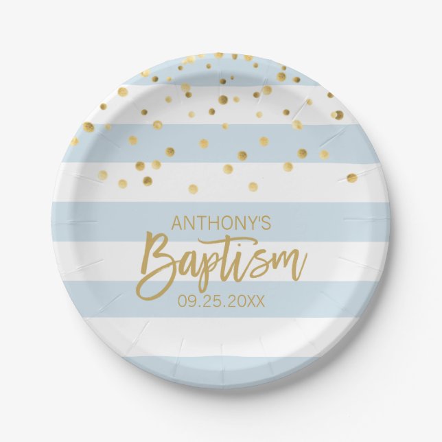 Personalised Baptism BOY Blue Gold Stripes Paper Plate (Front)