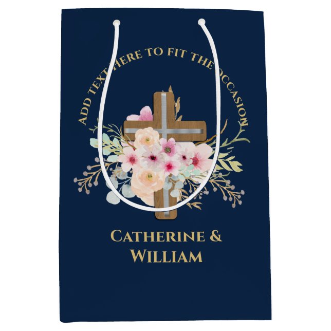 Personalised Baptism & Christening Floral Cross Medium Gift Bag (Front)