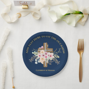 Personalised Baptism & Christening Floral Cross Paper Plate