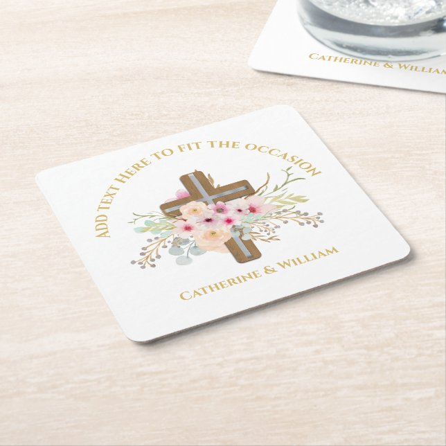 Personalised Baptism & Christening Floral Cross Square Paper Coaster (Angled)