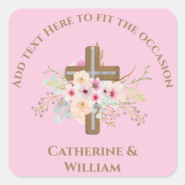 Personalised Baptism & Christening Floral Cross Square Sticker (Front)