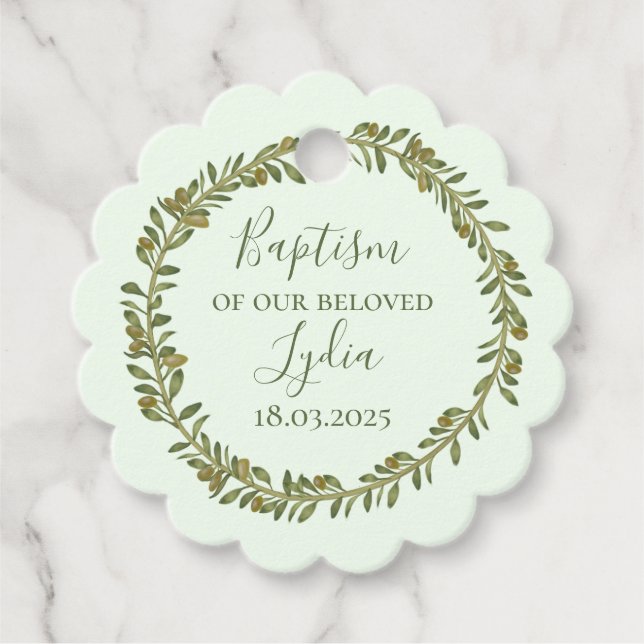 Personalised Baptism Favour Tag with Olive Wreath (Front)