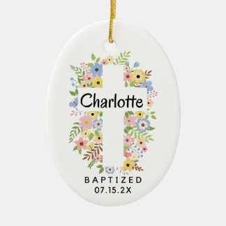 Personalised Baptism Girl Floral Cross Two Sides Ceramic Ornament