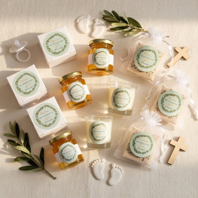 Personalised Baptism Olive Wreath Classic Round Sticker (Creator Uploaded)