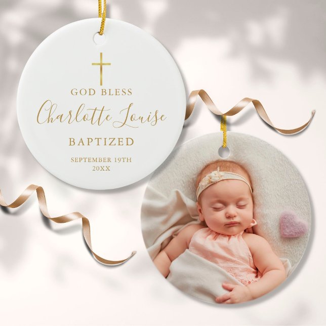 Personalised Baptism Photo Gold Signature Girl Boy Ceramic Ornament (Creator Uploaded)