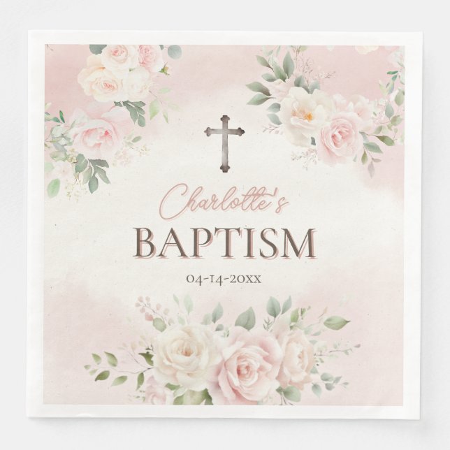Personalised Baptism Pink Roses Napkin (Front)