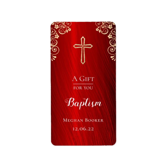 Personalised Baptism Red Gold Hand Sanitizer Label (Front)