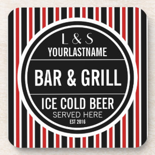 Personalised Bar and Grill Black White Red Coaster