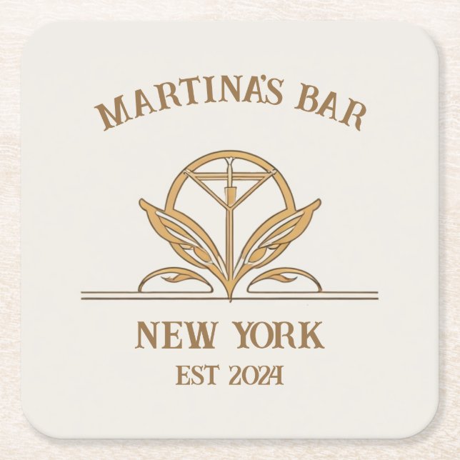 Personalised Bar Sign Martini Logo Custom Name Square Paper Coaster (Front)