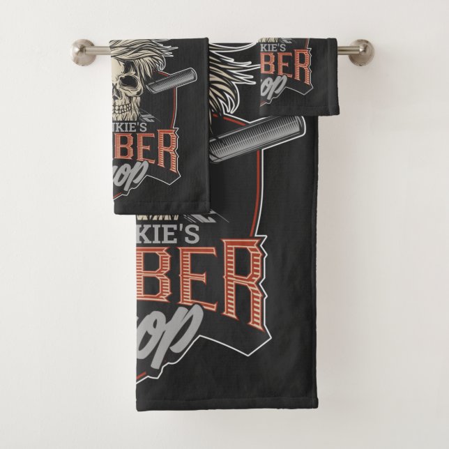 Personalised Barber Shop Hipster Skull and Razors  Bath Towel Set (Insitu)