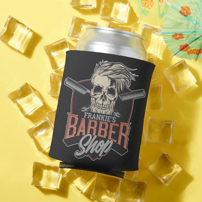 Personalised Barber Shop Hipster Skull and Razors  Can Cooler (In Situ Summer)