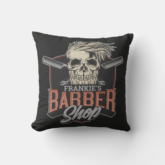 Personalised Barber Shop Hipster Skull and Razors Cushion (Front)