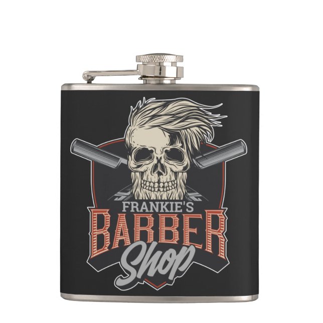 Personalised Barber Shop Hipster Skull and Razors  Hip Flask (Front)