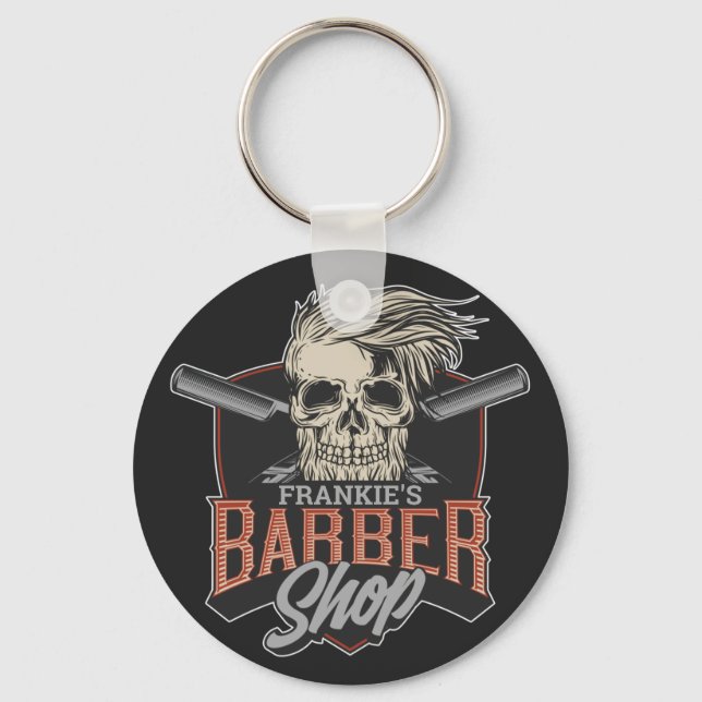 Personalised Barber Shop Hipster Skull and Razors Key Ring (Front)