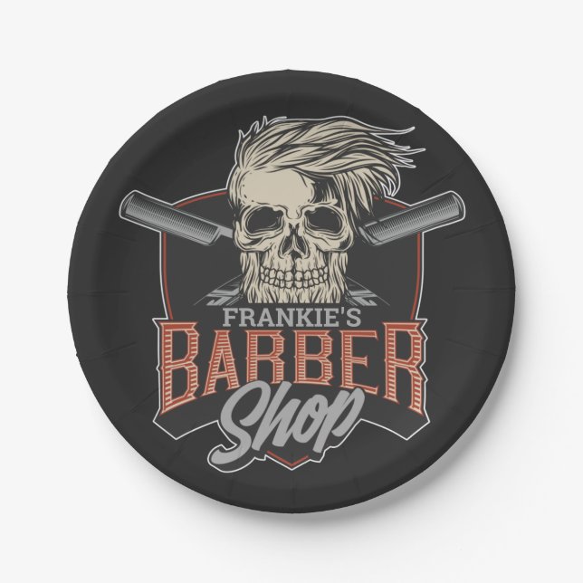 Personalised Barber Shop Hipster Skull and Razors  Paper Plate (Front)