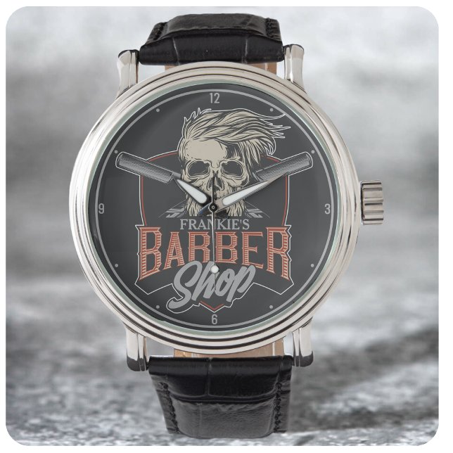 Personalised Barber Shop Hipster Skull and Razors Watch (Creator Uploaded)