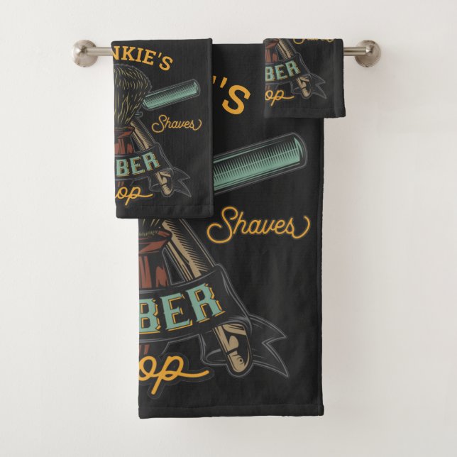Personalised Barber Shop Retro Haircuts Shaves Bath Towel Set (Insitu)