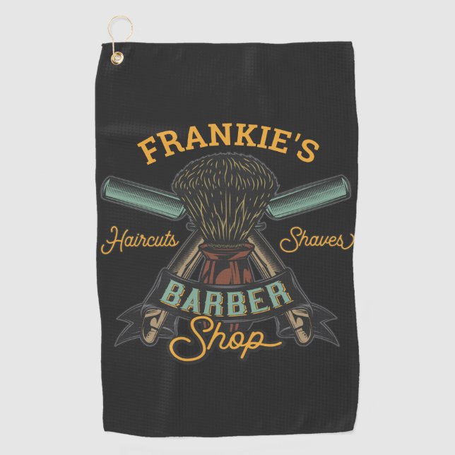Personalised Barber Shop Retro Haircuts Shaves Golf Towel (Front)