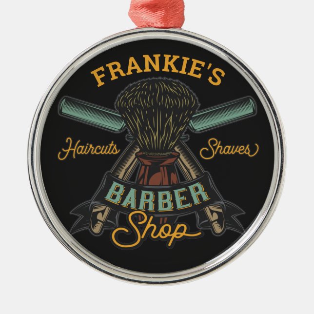 Personalised Barber Shop Retro Haircuts Shaves  Metal Ornament (Front)