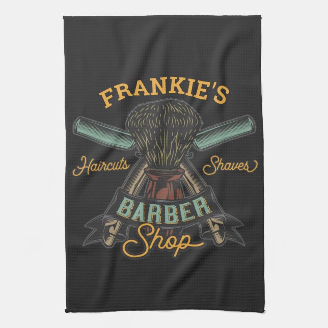 Personalised Barber Shop Retro Haircuts Shaves Tea Towel (Vertical)