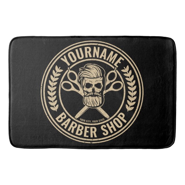 Personalised Barber Shop Skull Rockabilly Salon   Bath Mat (Front)
