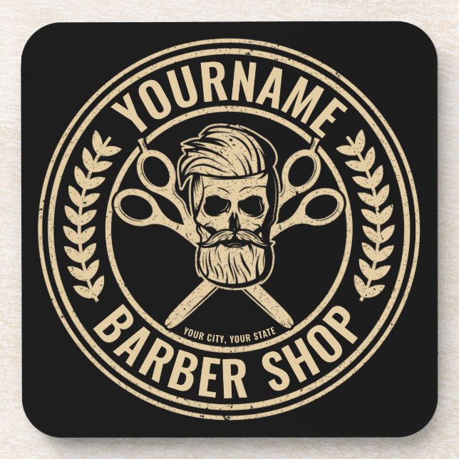 Personalised Barber Shop Skull Rockabilly Salon Coaster (Front)