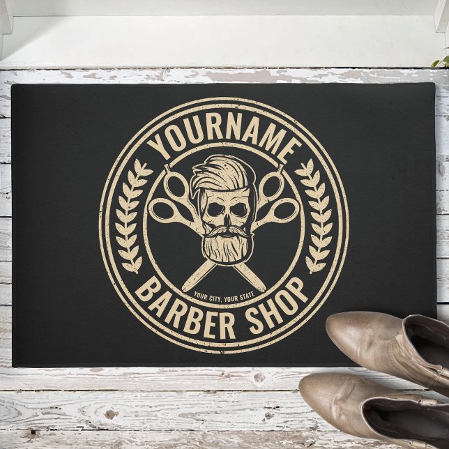 Personalised Barber Shop Skull Rockabilly Salon Doormat (Creator Uploaded)
