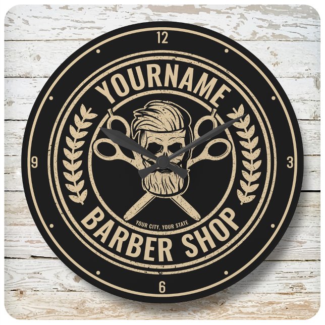 Personalised Barber Shop Skull Rockabilly Salon Large Clock (Creator Uploaded)