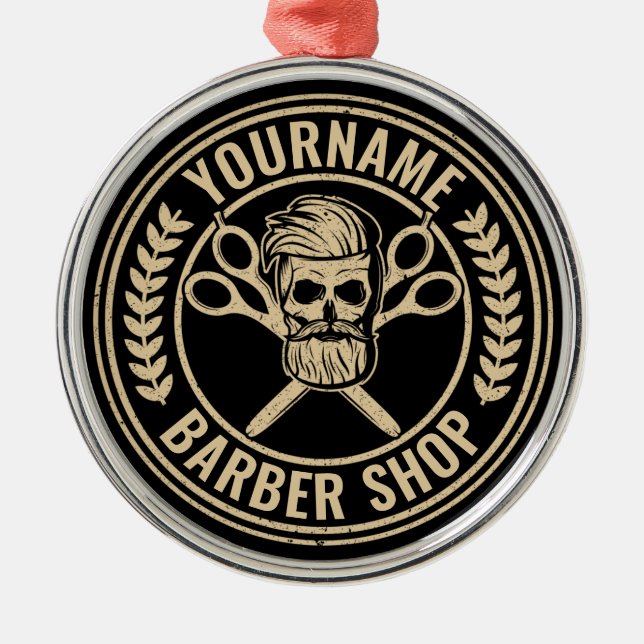 Personalised Barber Shop Skull Rockabilly Salon  Metal Ornament (Front)