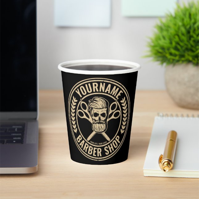 Personalised Barber Shop Skull Rockabilly Salon  Paper Cups (Insitu)