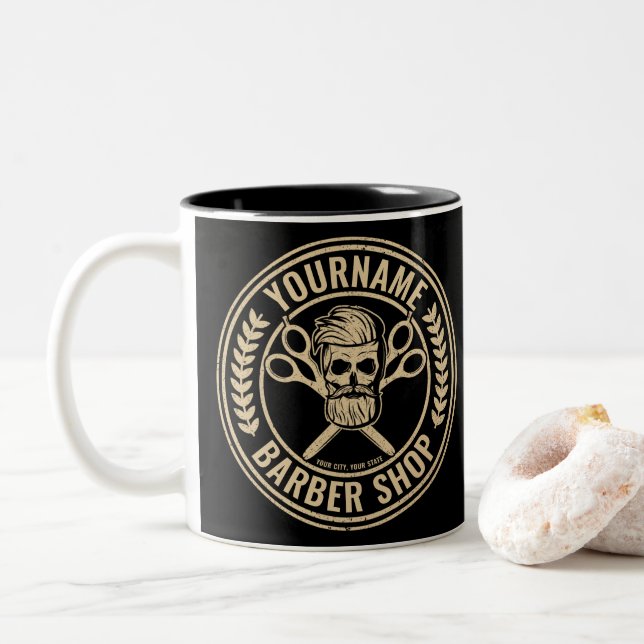 Personalised Barber Shop Skull Rockabilly Salon  Two-Tone Coffee Mug (With Donut)