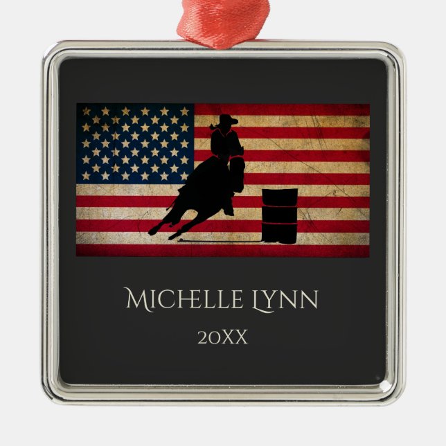 Personalised Barrel Racer American Flag Horse Metal Ornament (Front)