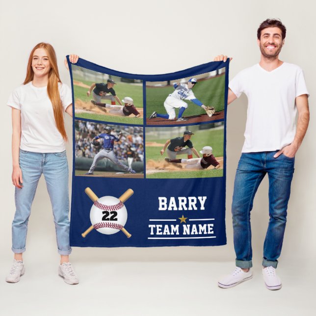 Personalised Baseball 4 Photo Collage Name Team Fl Fleece Blanket (In Situ)