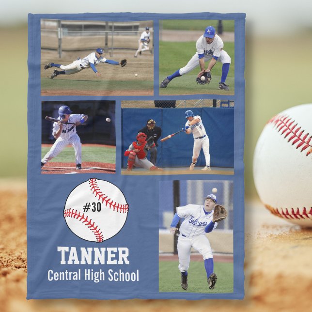 Personalised Baseball 5 Photo Collage Name Team # Fleece Blanket (Creator Uploaded)